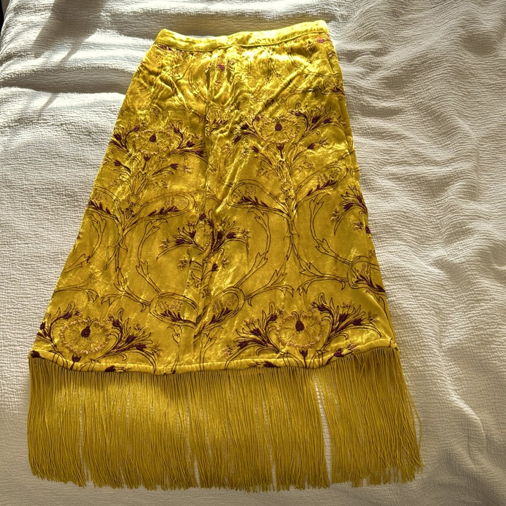 Luxe gold velvet embroidered Anthropologie skirt with fringe